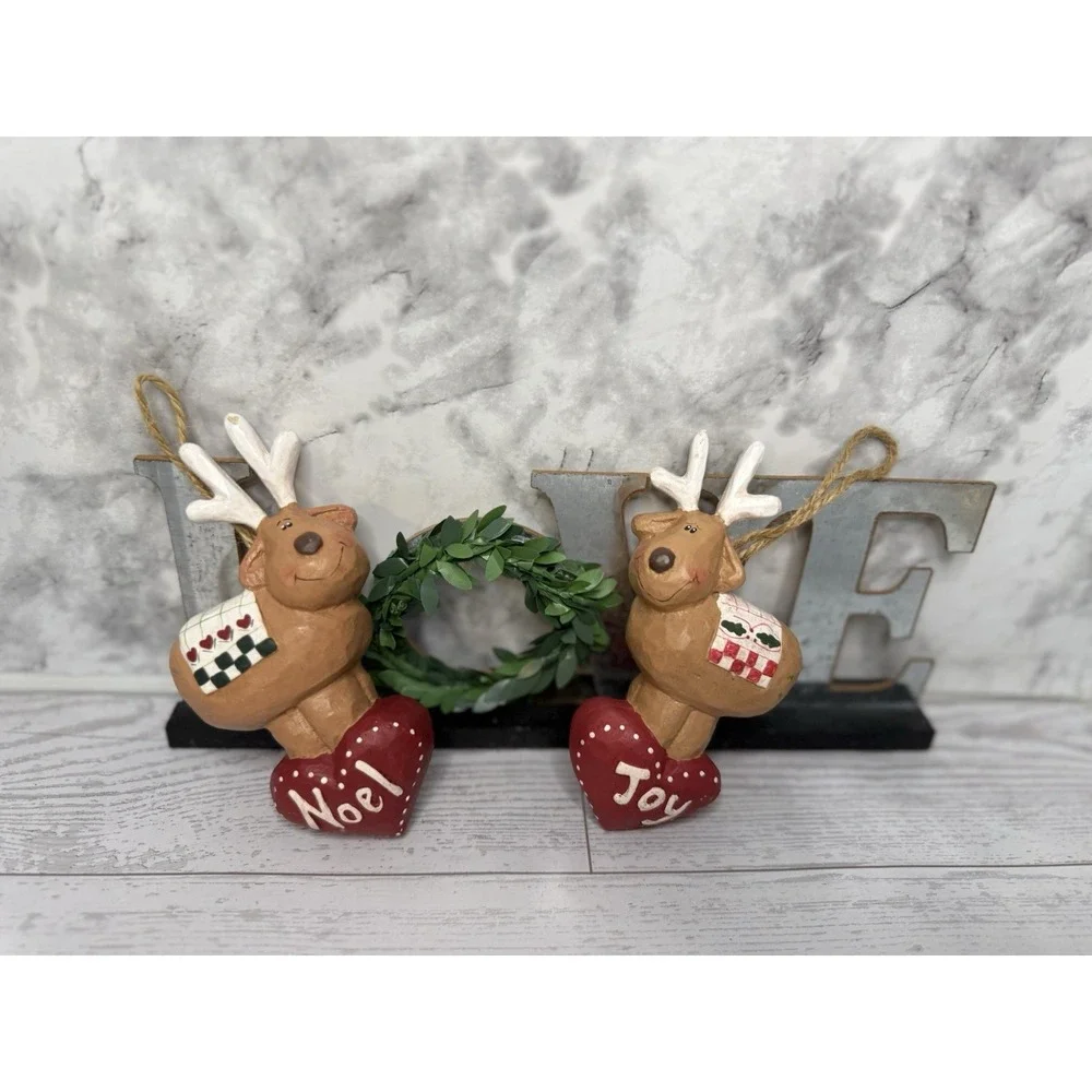 Vintage Midwest Eddie Walker Hanging Ornament Noel and Joy Reindeers Set‎ of Two